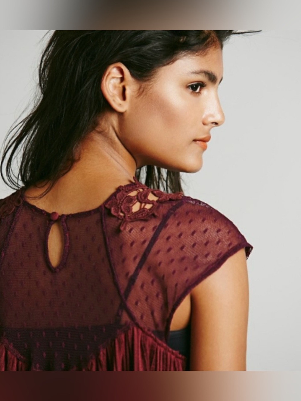 Free People ‘Stars Align’ Sheer Swiss Dot Swing Top in Wine Red size Small - Picture 5 of 13